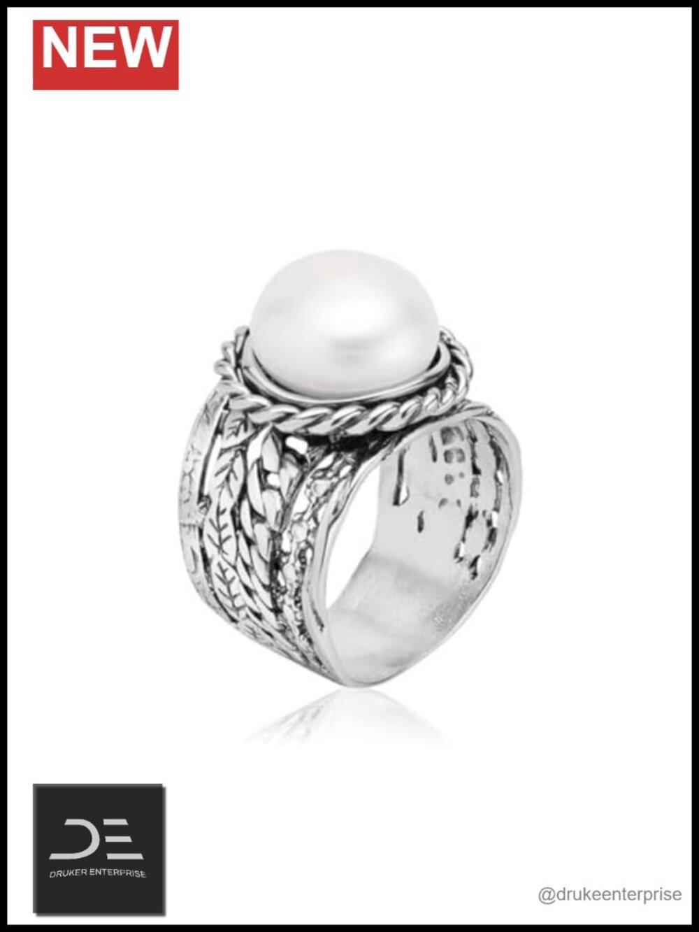 925 Sterling Silver Vintage Pearl Statement Ring - Bezel Set, Artisan Made
